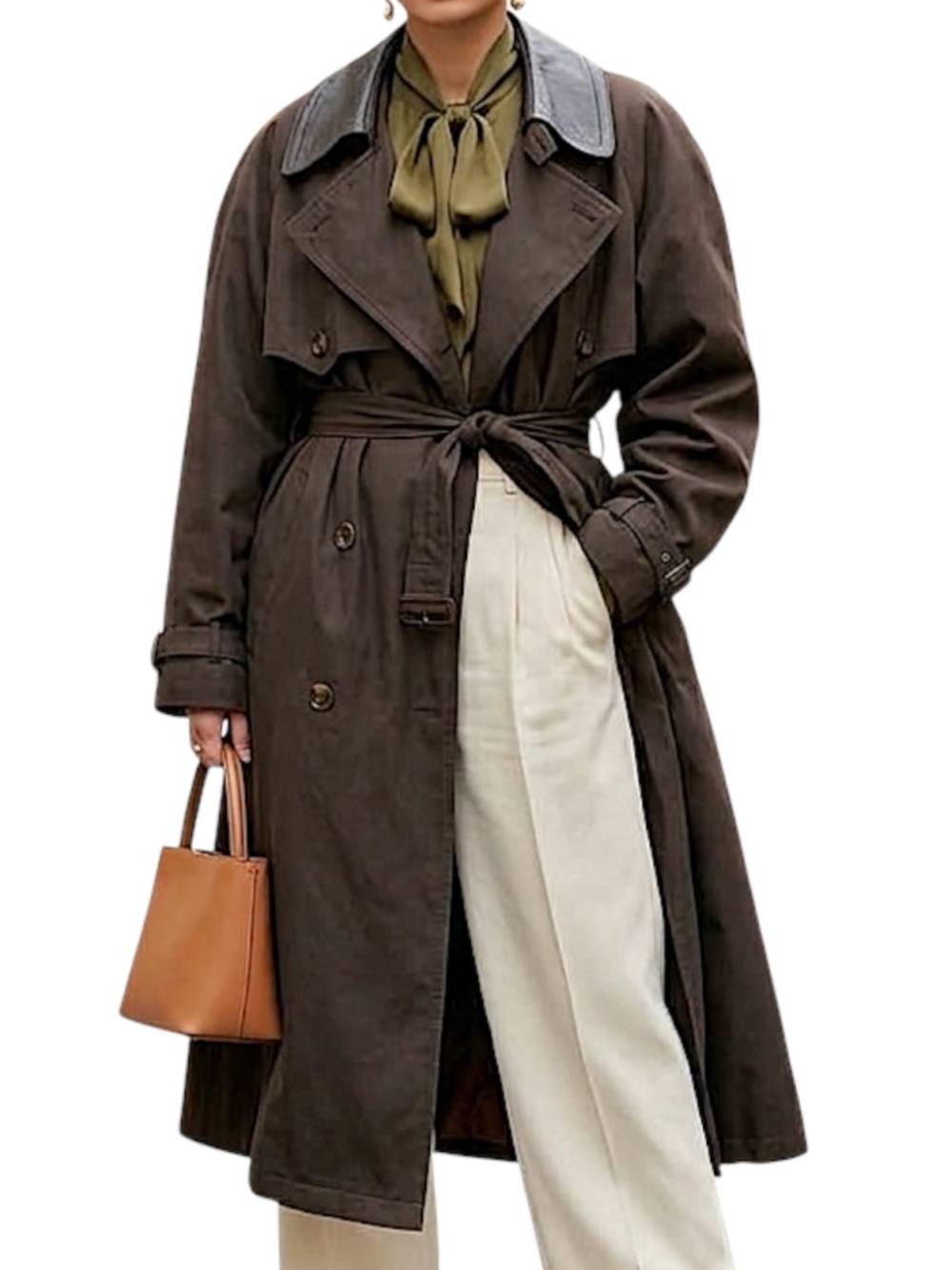 VTG 80s 90s chocolate brown leather trim lined batwing oversized trench coat 36